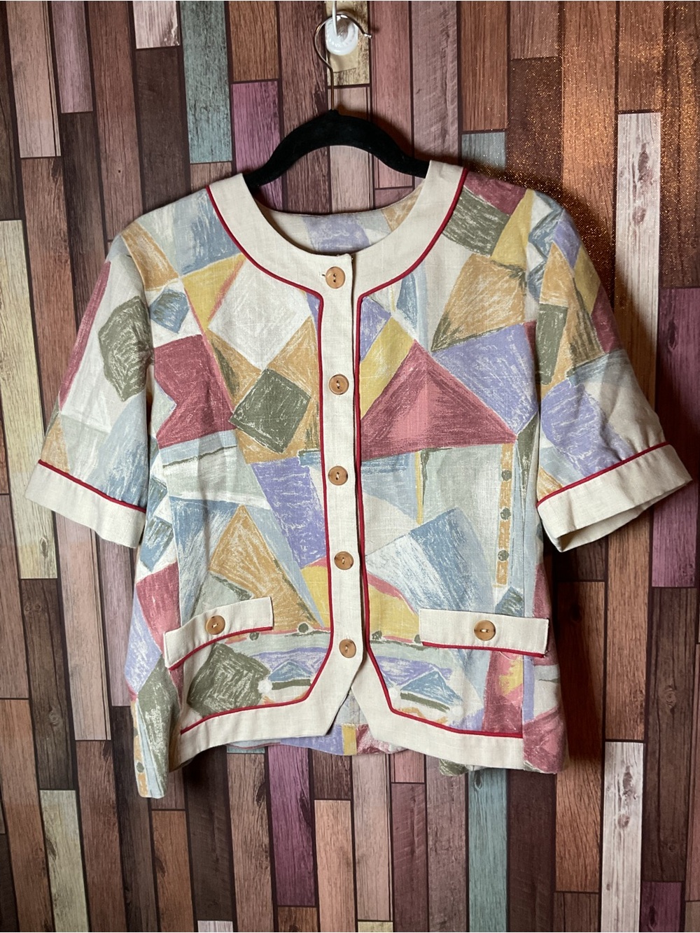 Vintage 80s Lady Carol Jacket Pastel Abstract Geometric Pattern Women’s Large